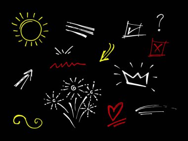 El çizimi karalama vektör tasarım ögesi ayarlandı. havai fişekler, vuruşlar, girdap, ok, kalp, aşk, taç, çiçek, yıldız, yıldız, yıldız patlaması, kurdele, vurgu metni ve vurgu elementi. siyah beyaz üzerine