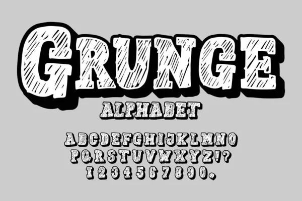 El çizimi alfabe harfi seti. Büyük harf yazı tipi ve grunge tarzı numara. ve siyah gölge. vektör illüstrasyonu