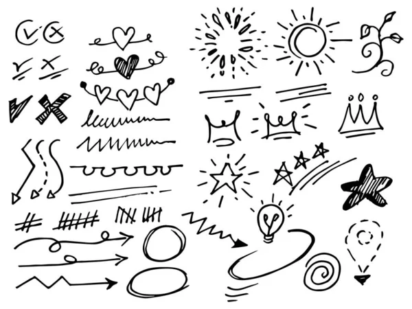 Handgetekende Doodle Vector Design Element Set Vuurwerk Swoops Werveling Pijl — Stockvector