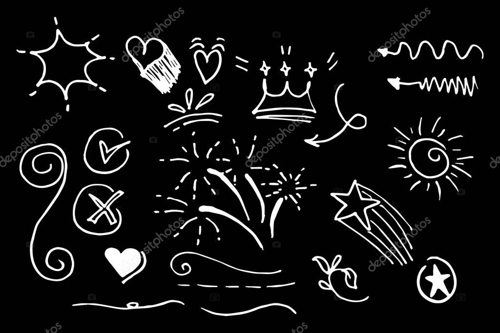 Vector hand drawn collection of design element. curly swishes, swoops, swirl, arrow, heart, love, crown, flower, star, sun burst, firework, highlight text and emphasis element. use for concept design