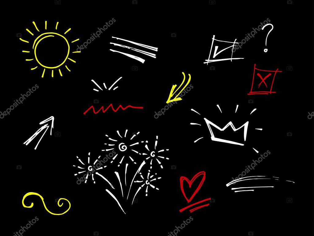 Hand drawn doodle vector design element set. firework, swoops, swirl, arrow, heart, love, crown, flower, star, starburst, ribbon, highlight text and emphasis element. black on white