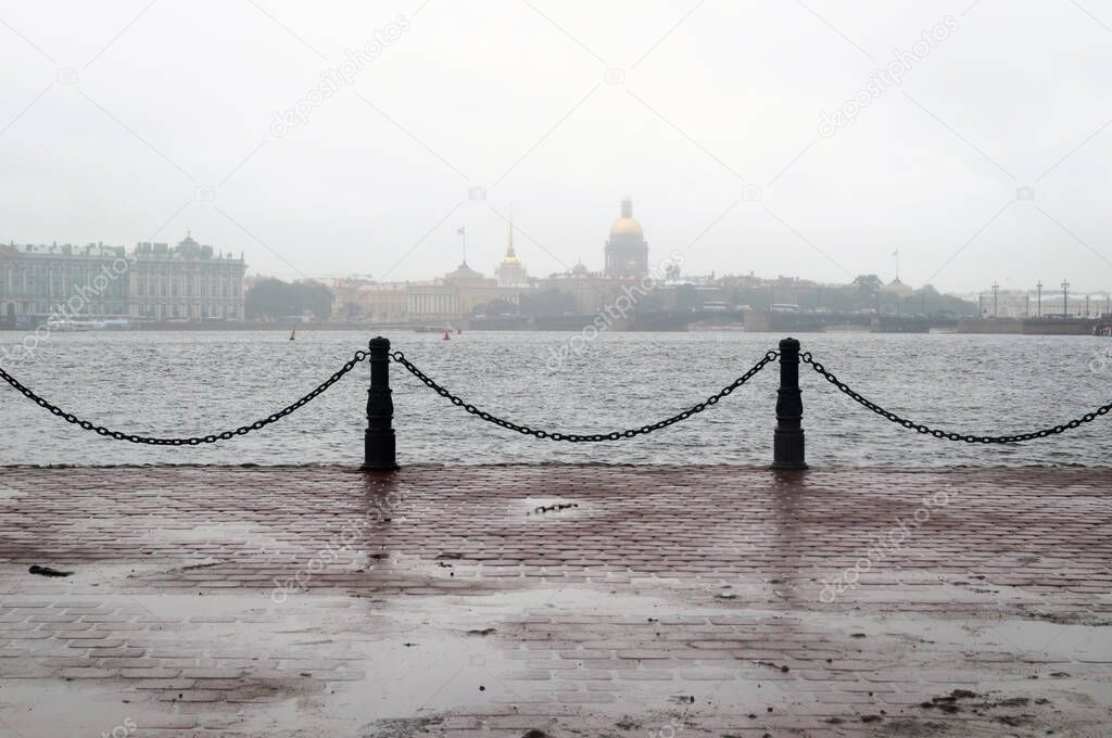 View of the Neva river embankment during the rain, Saint Petersburg.