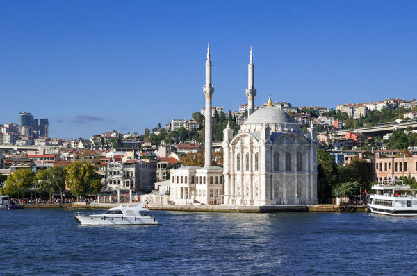 Ortakoy mosque in the Ottoman Baroque style built in the 19th century, Istanbul, Turkey.