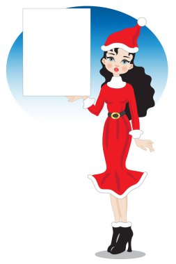 Noel elbisesi ve beyaz tabelası olan kız mesaj yazacak.