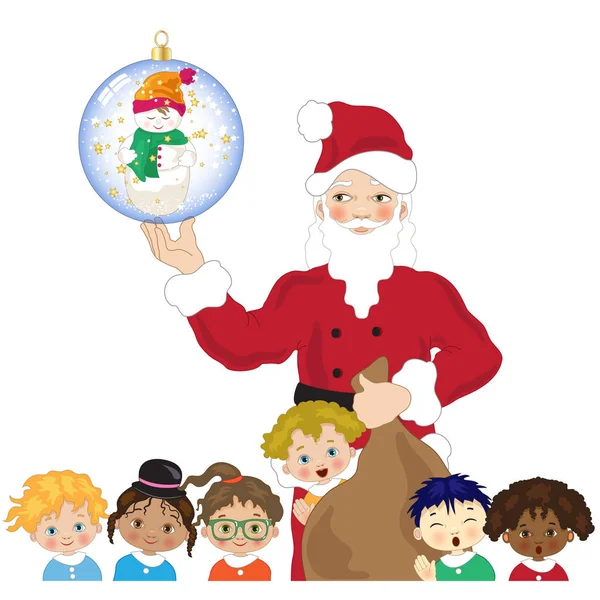 圣诞老人手里拿着一个雪地大玻璃球 身边有各种各样的孩子 — 图库矢量图片