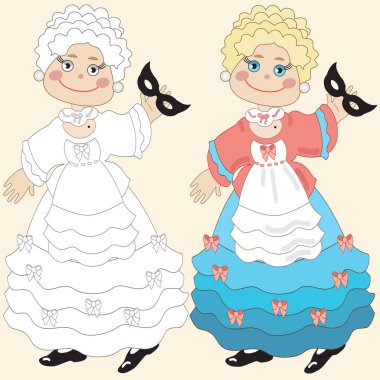 İtalyan commedia dell 'arte Colombina maskeli çocuklar için boyama sayfası