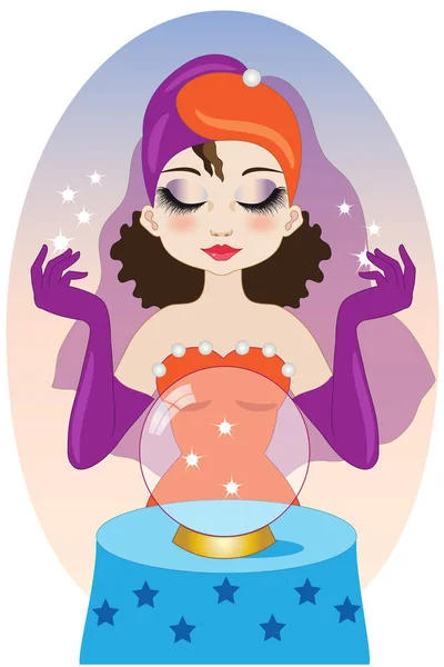 Clairvoyant Avec Des Robes Violettes Orange Avec Boule Cristal — Image vectorielle