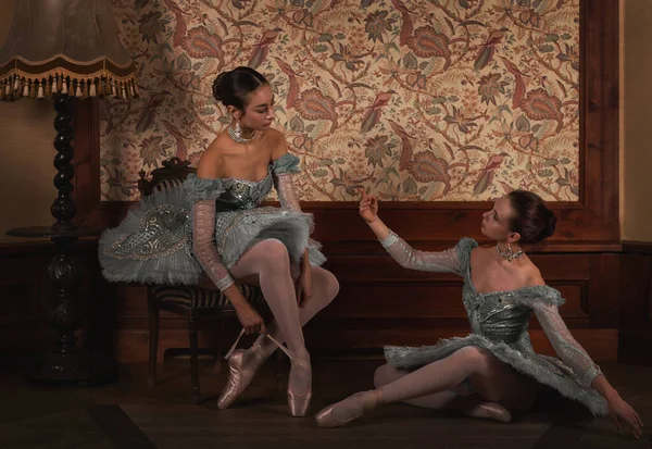 Две Молодые Красивые Балерины Замке Проект Балерина — стоковое фото
