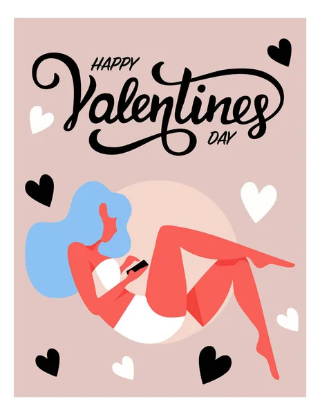 ハッピーバレンタインデー 女性の挨拶のポストカードを持つポスターを前に バレンタインデー ソーシャルメディアのための挨拶の投稿 ベクトル — ストックベクタ