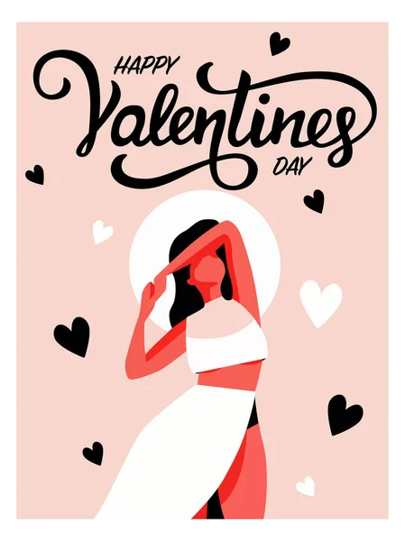 Glædelig Valentinsdag Plakat Med Lykønskningskort Kvinde Forst Valentinsdag Hilsen Indlæg – Stock-vektor
