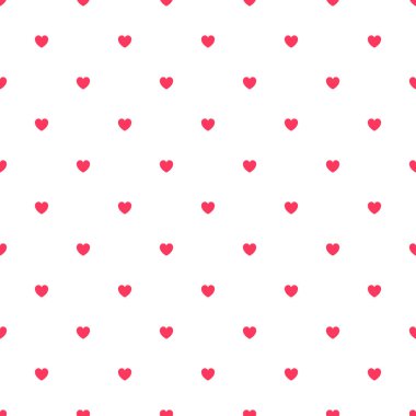 Sevgililer Günü için Sevimli Kırmızı Kusursuz Polka Kalpli Vektör Arkaplanı - 14 Şubat, 8 Mart, Anneler Günü, Evlilik, Doğum Kutlaması. Romantik Kız Tasarımı.