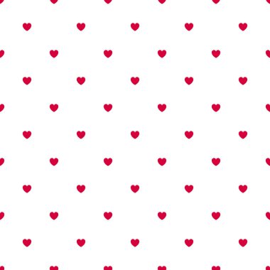 Sevgililer Günü için Sevimli Kırmızı Kusursuz Polka Kalpli Vektör Arkaplanı - 14 Şubat, 8 Mart, Anneler Günü, Evlilik, Doğum Kutlaması. Romantik Kız Tasarımı.