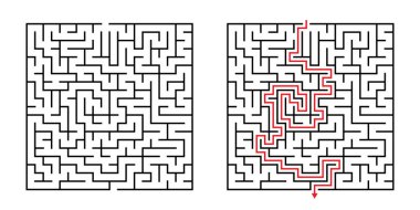 Vector Square Maze - Labyrinth with Included Solution in Black & Red. Funny & Educational Mind Game for Coordination, Problems Solving, Decision Making Skills Test. clipart