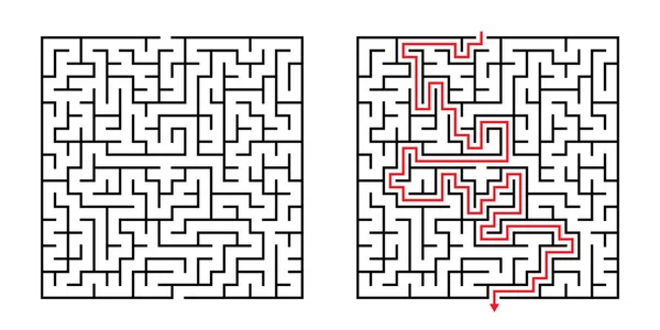 Labyrinthe Carré Vectoriel Labyrinthe Avec Solution Incluse Noir Rouge Jeu — Image vectorielle