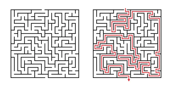 Labyrinthe Carré Vectoriel Labyrinthe Avec Solution Incluse Noir Rouge Jeu — Image vectorielle