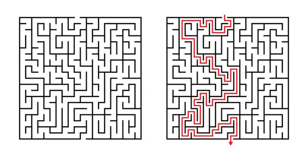Labirinto Quadrato Vettoriale Labirinto Con Soluzione Inclusa Nero Rosso Gioco — Vettoriale Stock
