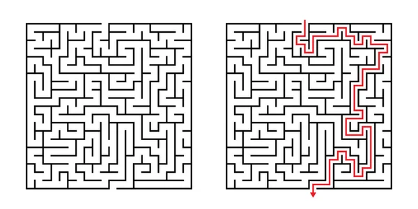 Vector Square Maze Labyrint Met Meegeleverde Oplossing Zwart Rood Grappig — Stockvector