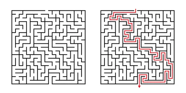 Vector Square Maze Labirynt Dołączonym Rozwiązaniem Kolorze Czarnym Czerwonym Zabawna — Wektor stockowy