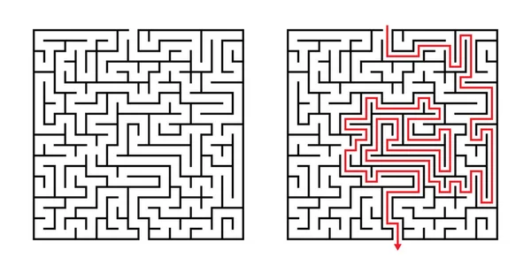 Labyrinthe Carré Vectoriel Labyrinthe Avec Solution Incluse Noir Rouge Jeu — Image vectorielle