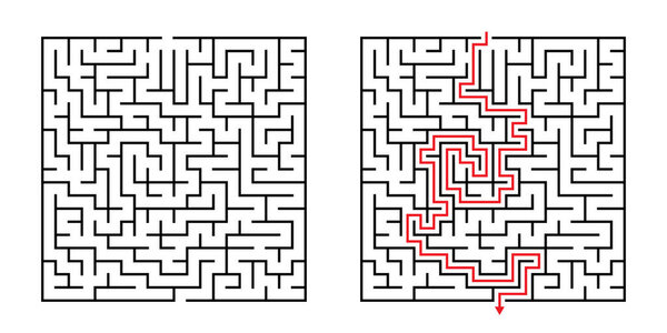 Vector Square Maze - Labyrinth with Included Solution in Black & Red. Funny & Educational Mind Game for Coordination, Problems Solving, Decision Making Skills Test.