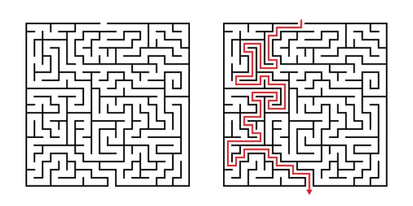 Labyrinthe Carré Vectoriel Labyrinthe Avec Solution Incluse Noir Rouge Jeu — Image vectorielle