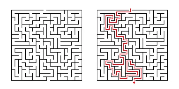 Vektorové Náměstí Bludiště Labyrint Přiloženým Řešením Černé Červené Barvě Funny — Stockový vektor