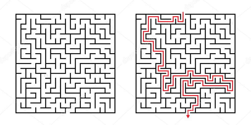 Vector Square Maze - Labyrinth with Included Solution in Black & Red. Funny & Educational Mind Game for Coordination, Problems Solving, Decision Making Skills Test.
