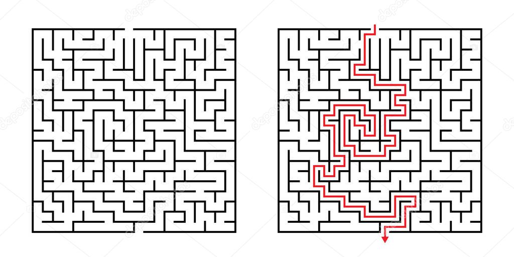 Vector Square Maze - Labyrinth with Included Solution in Black & Red. Funny & Educational Mind Game for Coordination, Problems Solving, Decision Making Skills Test.