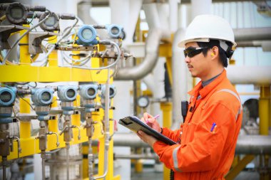 Operatör kayıt işlemi petrol ve teçhizat bitki, offshore petrol ve gaz endüstrisi, offshore petrol ve sondaj platformu denizde petrol ve gaz sürecin operatör izlemek üretim süreci, rutin günlük kaydı.