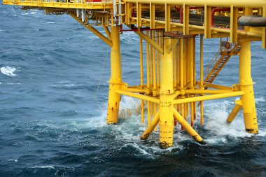 Tepeden tırnağa üretim katları ve üretim petrol ve gaz endüstrisi için otomasyon mantığı tarafından kontrol ediliyor. Körfezde petrol ve gaz üretimi için açık deniz inşaat platformu.