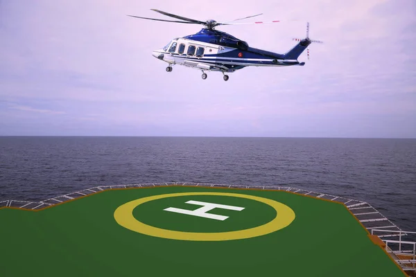 ヘリコプター着陸役員パイロットと地面とサポート サービスの必要なパイロットと副操縦士との通信 石油と天然ガス プラットフォームでデッキに着陸するヘリコプター — ストック写真