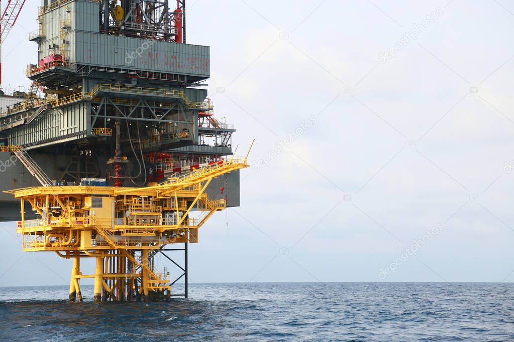 Offshore construction platform for production oil and gas. Oil and gas industry and hard work industry. Production platform and operation process by manual and auto function from control room.