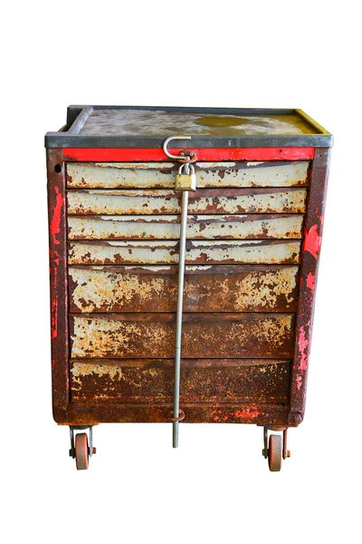 Tool box for keep tool and special tool in the garage or industry workshop, damage old box and many rust on surface, industry equipment in workshop and standby for work. — Stock Photo, Image