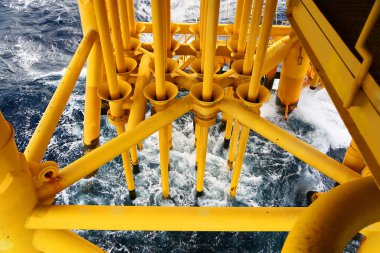 Tepeden tırnağa üretim katları ve üretim petrol ve gaz endüstrisi için otomasyon mantığı tarafından kontrol ediliyor. Körfezde petrol ve gaz üretimi için açık deniz inşaat platformu.