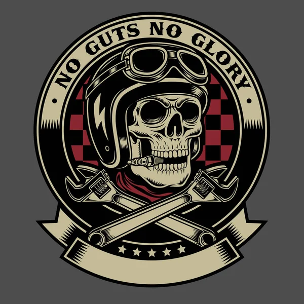 Cráneo de motociclista vintage con llaves de mono cruzadas Emblema — Vector de stock