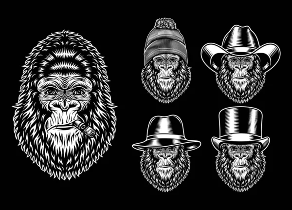 Collection Gorilla Smoking Characters — Stock Vector