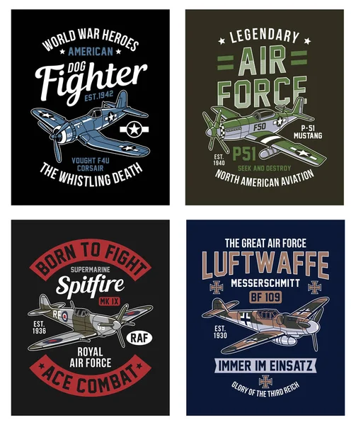 Vintage World War Fighter Aircraft Graphic Shirt Collezione — Vettoriale Stock