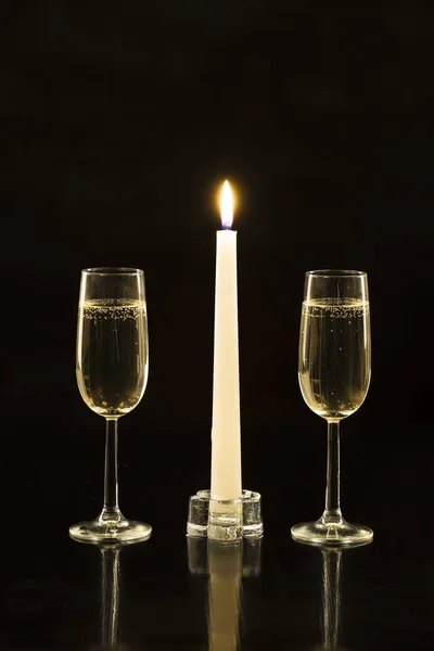 Outline Glasses Champagne Candle — Stock Photo, Image