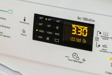 Display washing machine. Macro photo part of modern home washing machine clipart