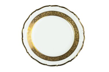Beyaz arka plan üzerinde izole altın kenarlıklı beyaz tabak. Yukarıdan görüntülemek