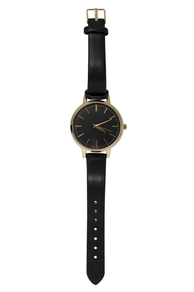 Reloj Oro Para Mujer Con Pulsera Cuero Esfera Negra Sobre — Foto de Stock