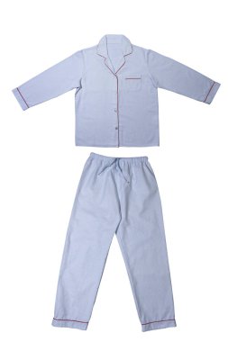 Uyumak için pijama takımı. Klasik tekstil çizgileri, mavi. Günaydın uykucu elbise, yatakta kal. Beyaz arka planda Flanel pijamalar.