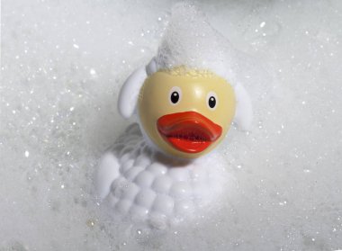 Koyun kostümü giymiş plastik bir ördek. Tuvalet için komik bir oyuncak. Banyo köpüğü.