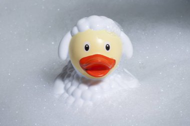 Koyun kostümü giymiş plastik bir ördek. Tuvalet için komik bir oyuncak. Banyo köpüğü.