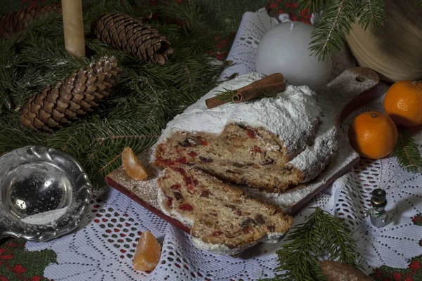 Christmas Stollen Candied Fruit Raisins Festive Table — Stock Photo, Image