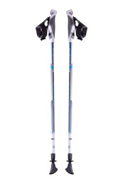 Kiev, Ukrayna - 24 Ocak 2020: Kuzeyli bastonlar beyaz arka planda izole edildi. İskandinav Yürüme Teçhizatı