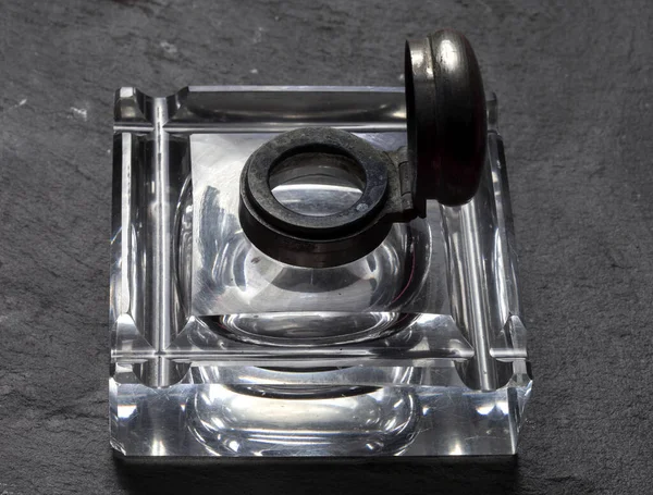 Exquisite Antique Glass Inkwell Black Background — Stock Photo, Image