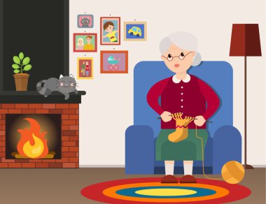 Büyükanne bir koltukta oturur ve evde dokuma kumaşlar