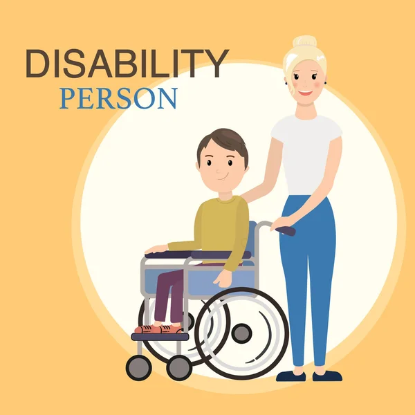 Niño discapacitado en silla de ruedas con asistente social — Vector de stock
