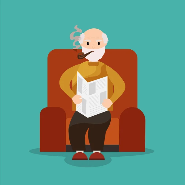 Morfar sitter i en stol läsa en tidning och röka en pipa — Stock vektor